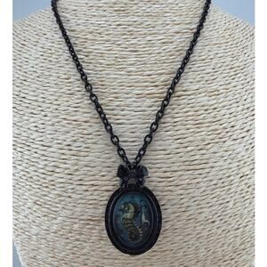NWT Classic Hardware Black Seahorse Frame Pendant Necklace
